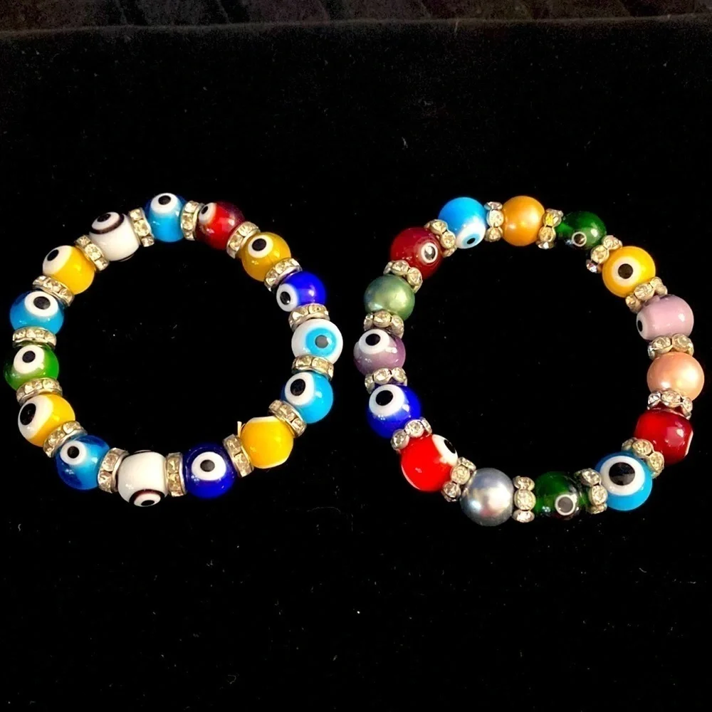 Set of Two Multi Color Evil Eye Bracelet with Crystal Beads Stretch Bracelets